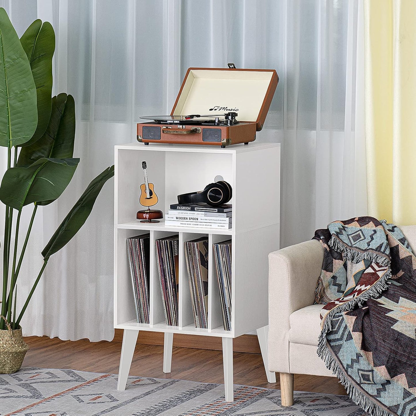Record Player Stand, White Turntable Stand Holds up to 160 Albums, Mid-Century Vinyl Storage Cabinet Table with Solid Wood Legs, Record Player Holder Dispaly Shelf for Bedroom Living Room