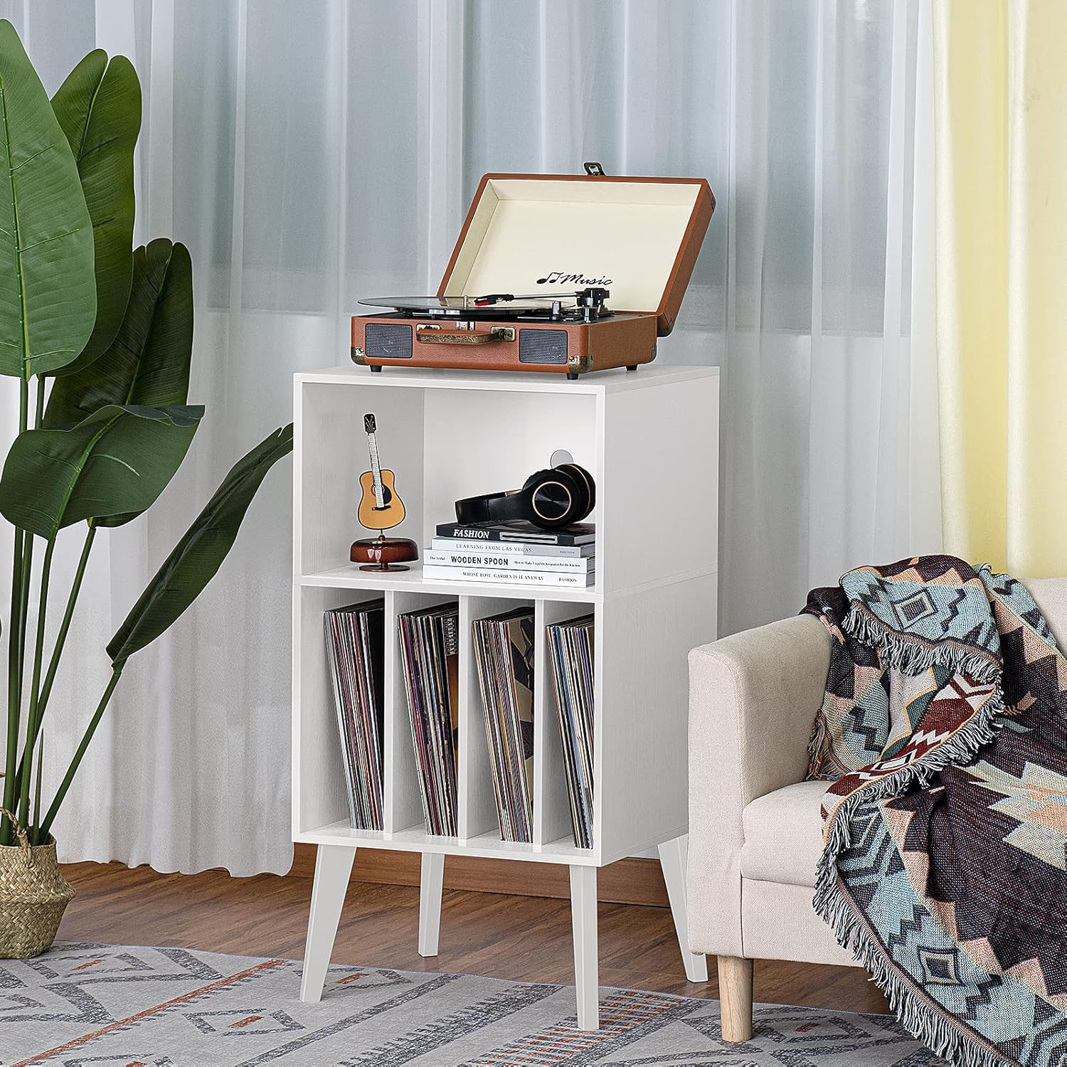 Record Player Stand, White Turntable Stand Holds up to 160 Albums, Mid-Century Vinyl Storage Cabinet Table with Solid Wood Legs, Record Player Holder Dispaly Shelf for Bedroom Living Room