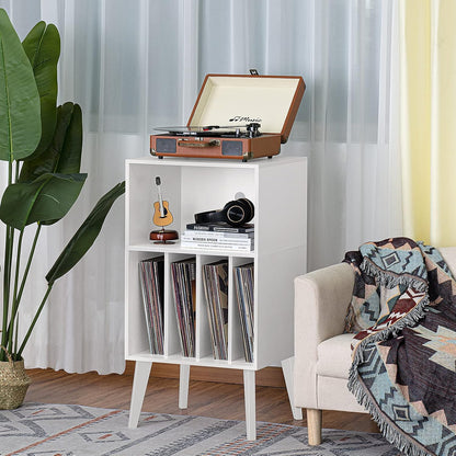 Record Player Stand, White Turntable Stand Holds up to 160 Albums, Mid-Century Vinyl Storage Cabinet Table with Solid Wood Legs, Record Player Holder Dispaly Shelf for Bedroom Living Room