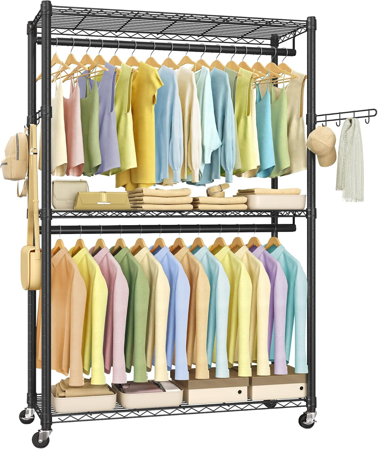 Heavy-Duty Clothes Rack, Garment Rack, Portable Closet, 68.7-Inch Wide Clothing Rack with Adjustable Mesh Shelves and Hanging Rails, Ink Black ULGR433B01
