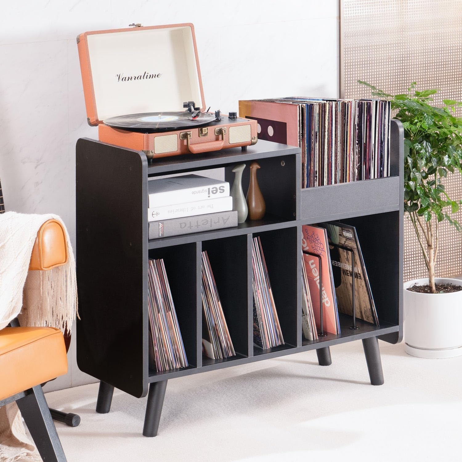 Record Player Stand, Large Record Player Table Cabinet with Open Vinyl Storage and Display Shelf Holds up to 350 Albums, Mid Century Wood Turntable for Living Room