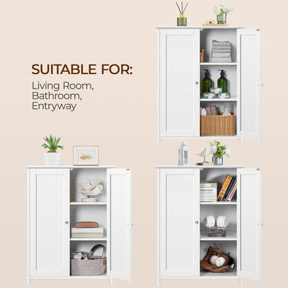 Bathroom Floor Cabinet, Modern Storage Freestanding Organizer Cabinet with Adjustable Shelves & Double Doors, 3-Tier Home Living Room Furniture, White