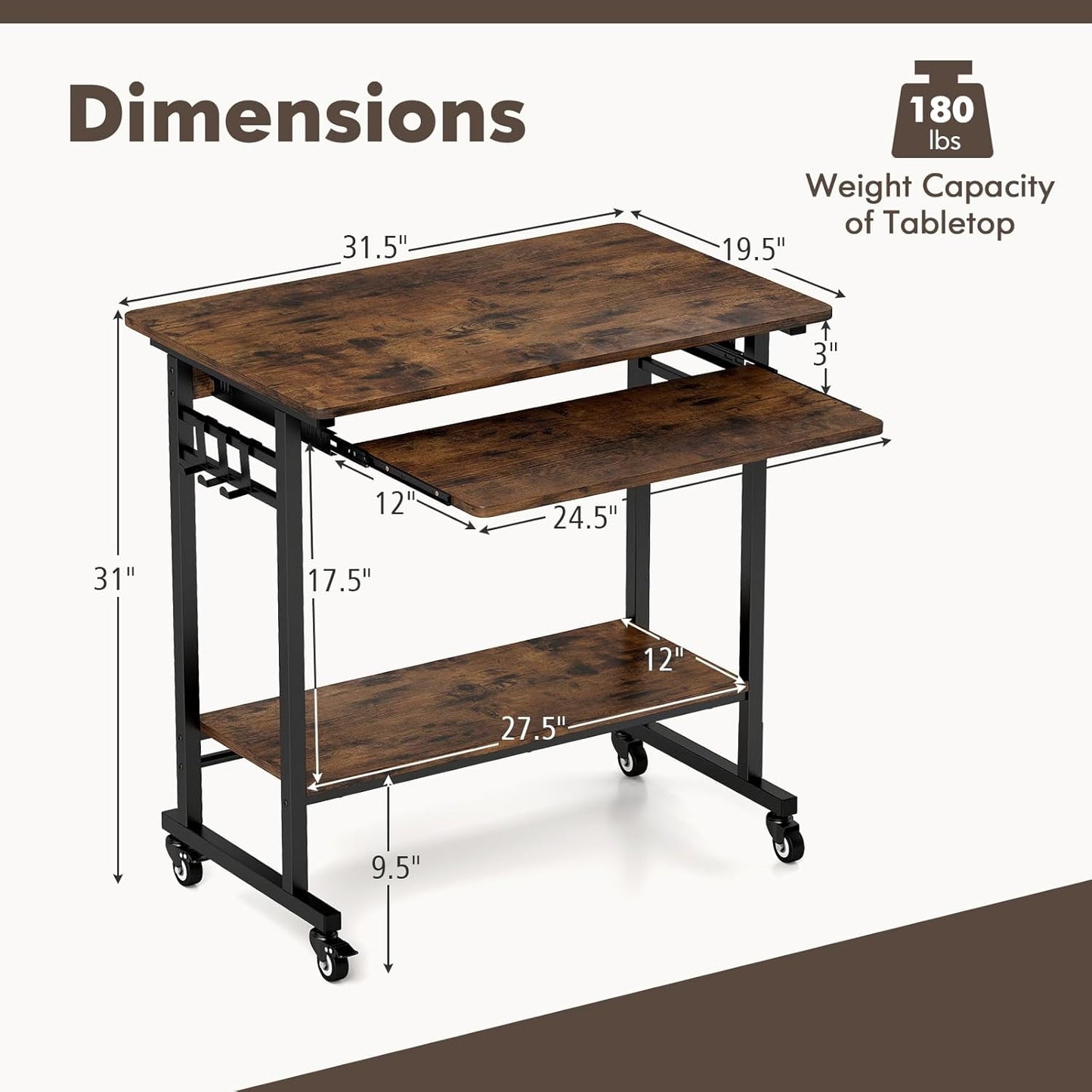 Rolling Computer Desk Cart with Keyboard Tray, Mobile Portable Laptop PC Desk with CPU Stand & 3 Hooks for Sofa & Bed, Industrial Small Desk on Wheels for Small Spaces, Home Office Desk