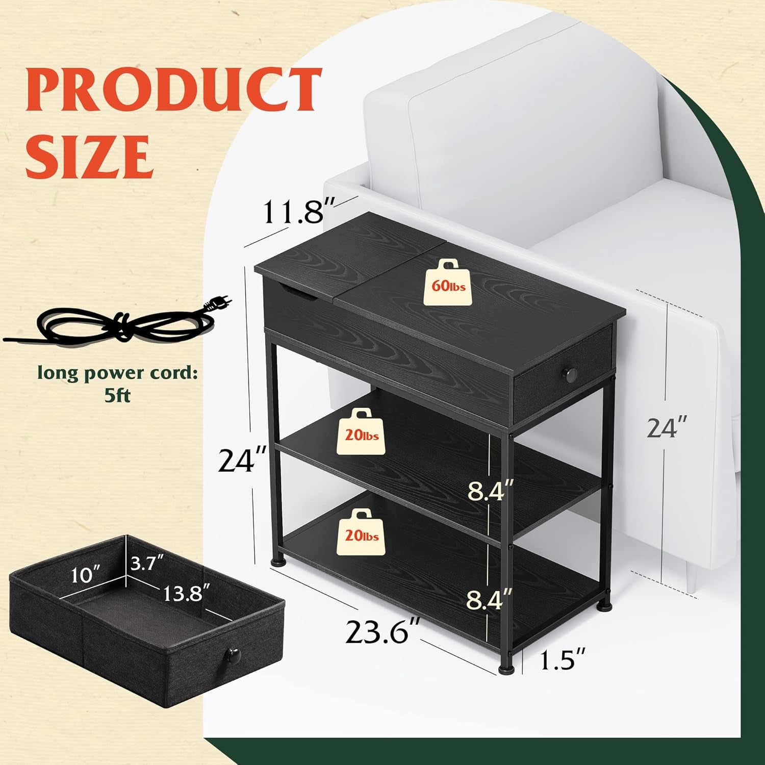 Narrow Side Table with 2 USB Ports and 2 Outlets, Flip Top Black End Table with Drawer and Storage Shelves, Small Nightstand with Charging Station for Living Room/Bedroom