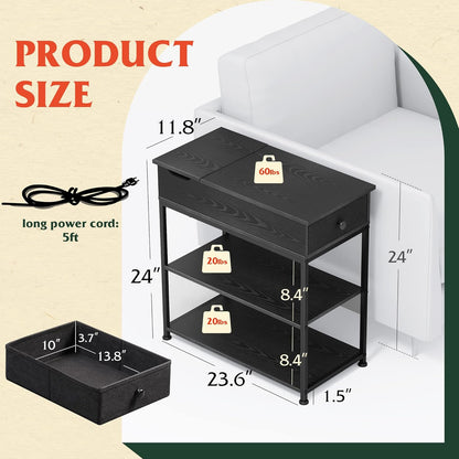 Narrow Side Table with 2 USB Ports and 2 Outlets, Flip Top Black End Table with Drawer and Storage Shelves, Small Nightstand with Charging Station for Living Room/Bedroom