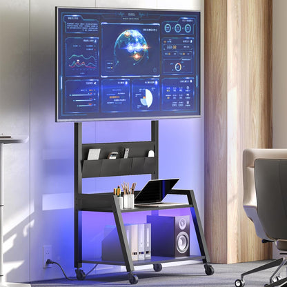 Rolling TV Stand with Power Outlet, Mobile TV Stand with LED Light up to 55" Tvs, TV Cart with Mount, 5 Oxford Fabric Pouches, for Living Room, Meeting Room, Black DS01UDBB