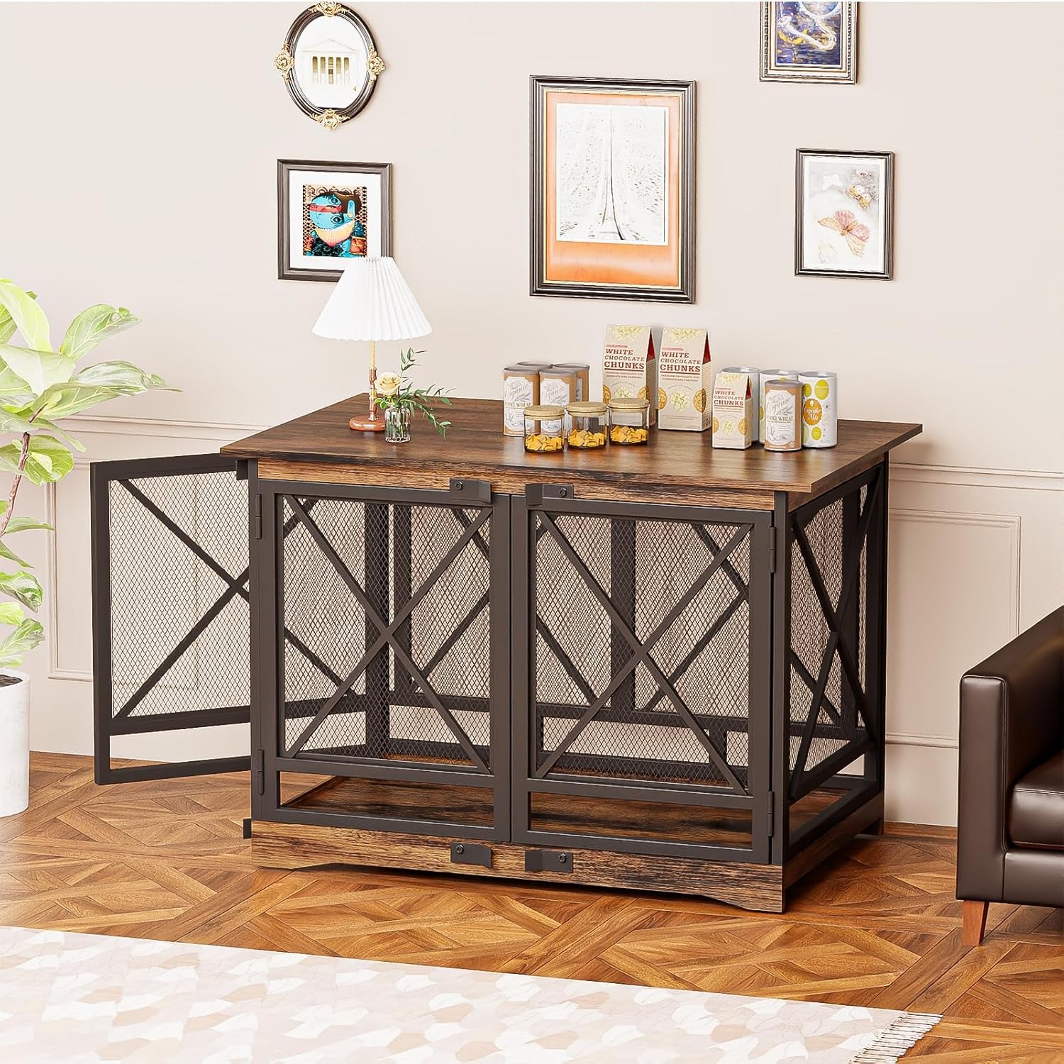 Large Dog Crate Furniture - 48 Inch Heavy Duty Dog Kennel Indoor for Xlarge Breed with Double Doors, Wooden Dog Cage XL Modern Decorative End Table Pet House (Brown)