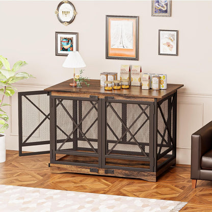 Large Dog Crate Furniture - 48 Inch Heavy Duty Dog Kennel Indoor for Xlarge Breed with Double Doors, Wooden Dog Cage XL Modern Decorative End Table Pet House (Brown)