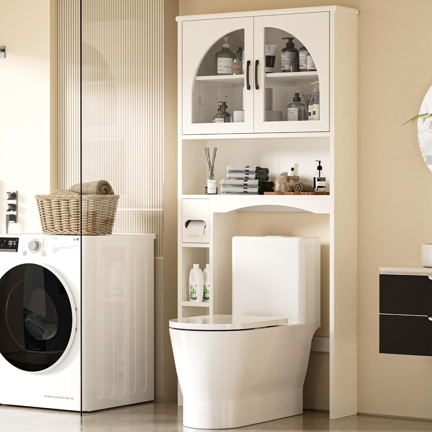 over the Toilet Storage Cabinet, over Toilet Bathroom Organizers with Adjustable Shelf and Glass Doors, Bathroom Space Saver above Washer with Anti-Tip Device, White