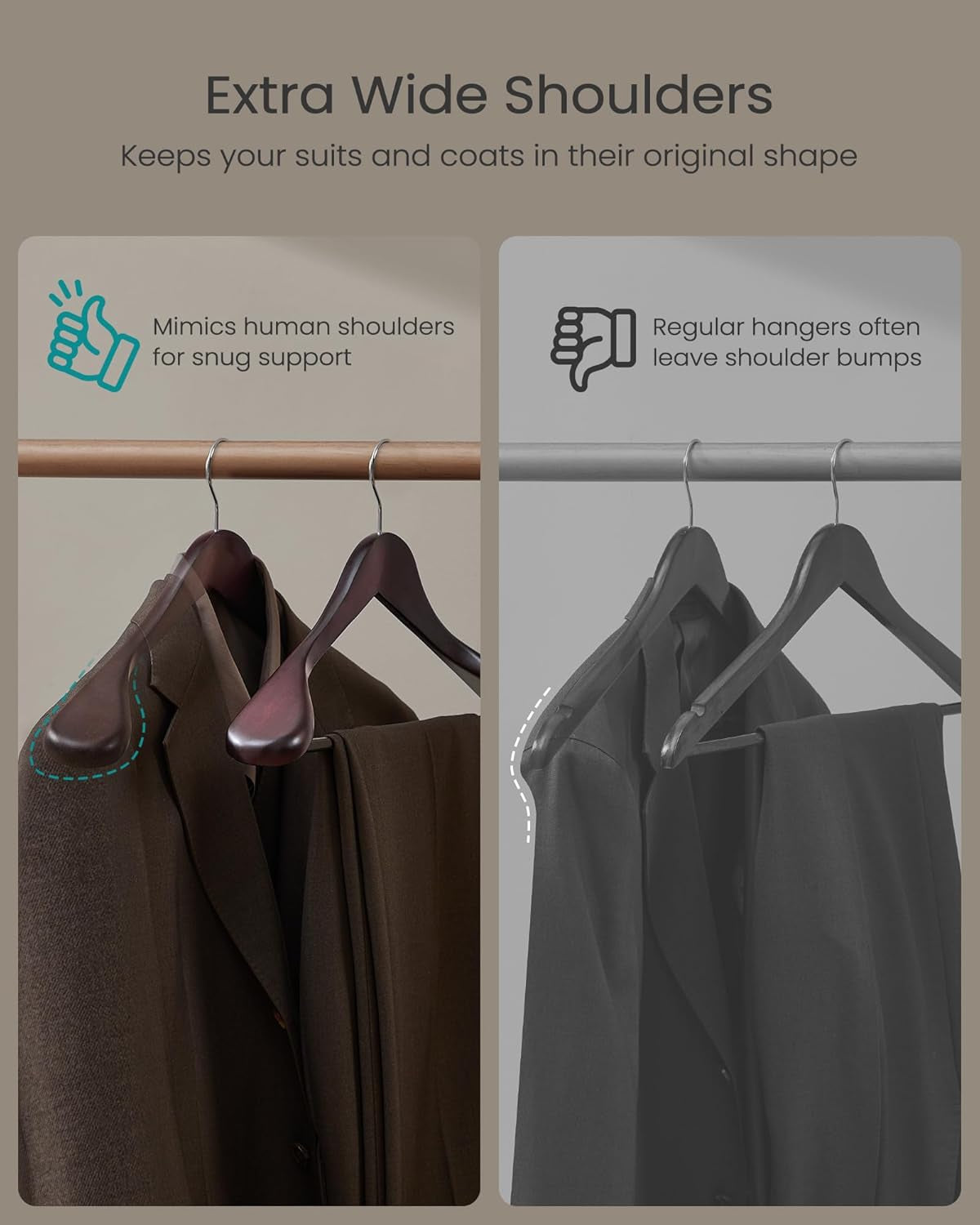 Extra Wide Wooden Suit Hangers, Set of 10 Clothes Hangers, Swivel Hooks, Non-Slip Bars, for Outfits, Suits, Coats, Shirts, Dresses, Mahogany UCRW050MZ01