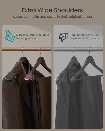 Extra Wide Wooden Suit Hangers, Set of 10 Clothes Hangers, Swivel Hooks, Non-Slip Bars, for Outfits, Suits, Coats, Shirts, Dresses, Mahogany UCRW050MZ01