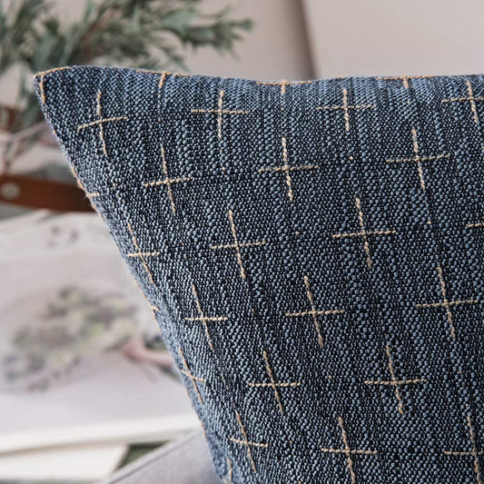 Pack of 2 Decorative Burlap Linen Throw Pillow Covers Modern Farmhouse Vintage Pillowcase Rustic Woven Textured Cushion Cover for Sofa Couch Bed 18X18 Inch Blue