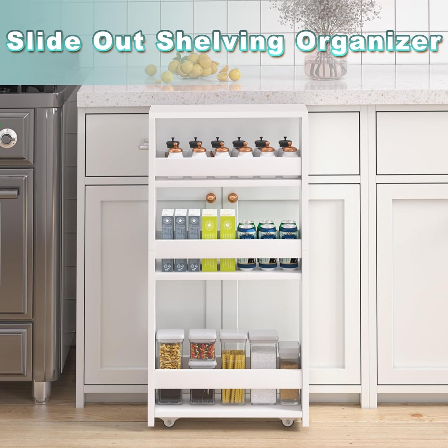 White Slim Storage Cart with Wheels, 4 Tier Rolling Utility Cart with Handle Slide Out Shelving Unit Organizer Trolley for Laundry Kitchen Bathroom Narrow Places Small Corner