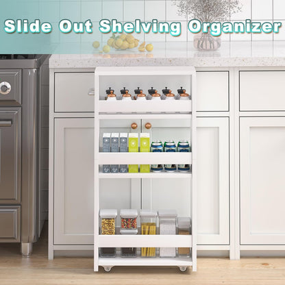 White Slim Storage Cart with Wheels, 4 Tier Rolling Utility Cart with Handle Slide Out Shelving Unit Organizer Trolley for Laundry Kitchen Bathroom Narrow Places Small Corner