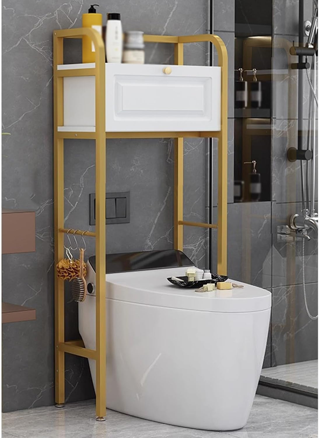 Metal Frame Over-The-Toilet Bathroom Rack Storage Cabinet with Open Shelves Neat & Sturdy Toilet Stand for Bathroom Laundry Room Heavy Duty(Gold)