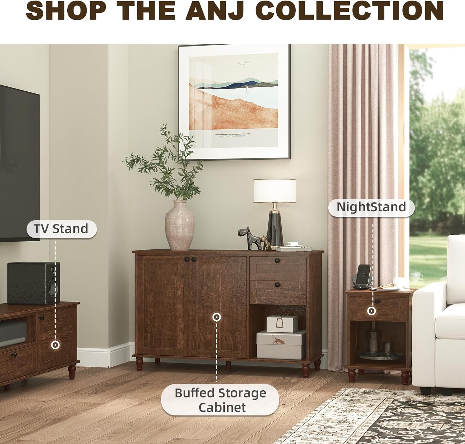 47‘’ TV Stand for Living Room, Mid-Century Modern TV Console with Storage Cabinet, Wooden Television Furniture for Living Room, Entertainment Center with Ample Large Storage Space