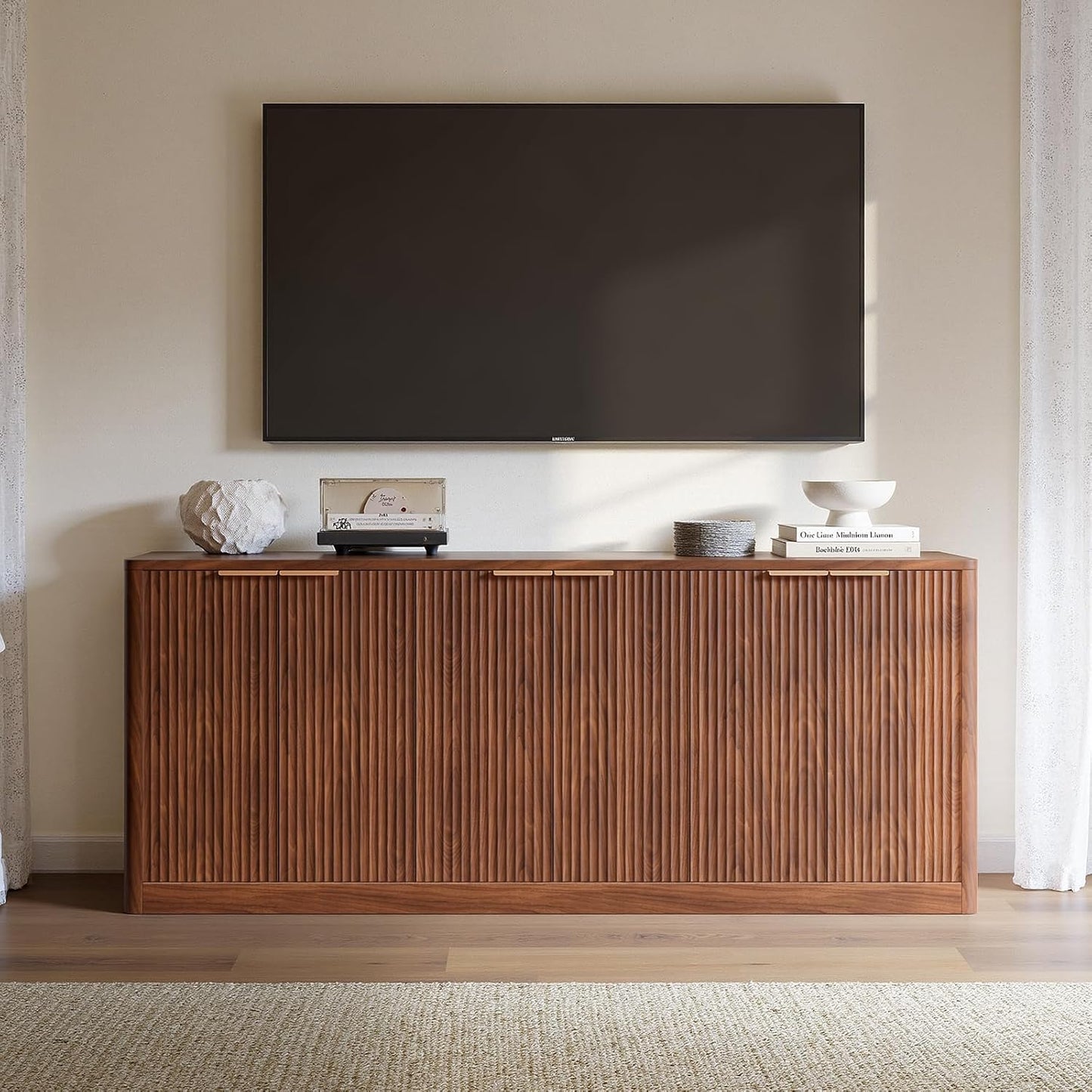 67" Walnut Fluted TV Stand for Tvs up Tp 75", Mid-Century Modern Entertainment Center with Storage Cabinets and Fluted Doors, Wood Media TV Consoles for Living Room and Bedroom Furniture