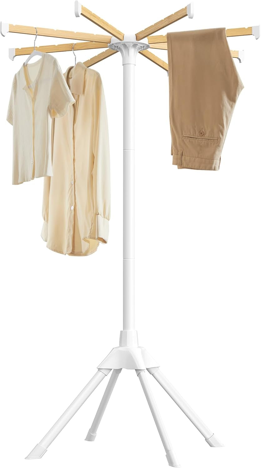 Clothes Drying Rack 2-Tier, with Bamboo Hanging Rods, Foldable Metal Laundry Rack, Space-Saving, Free-Standing Airer, Indoor Use, White and Natural ULLR517W01