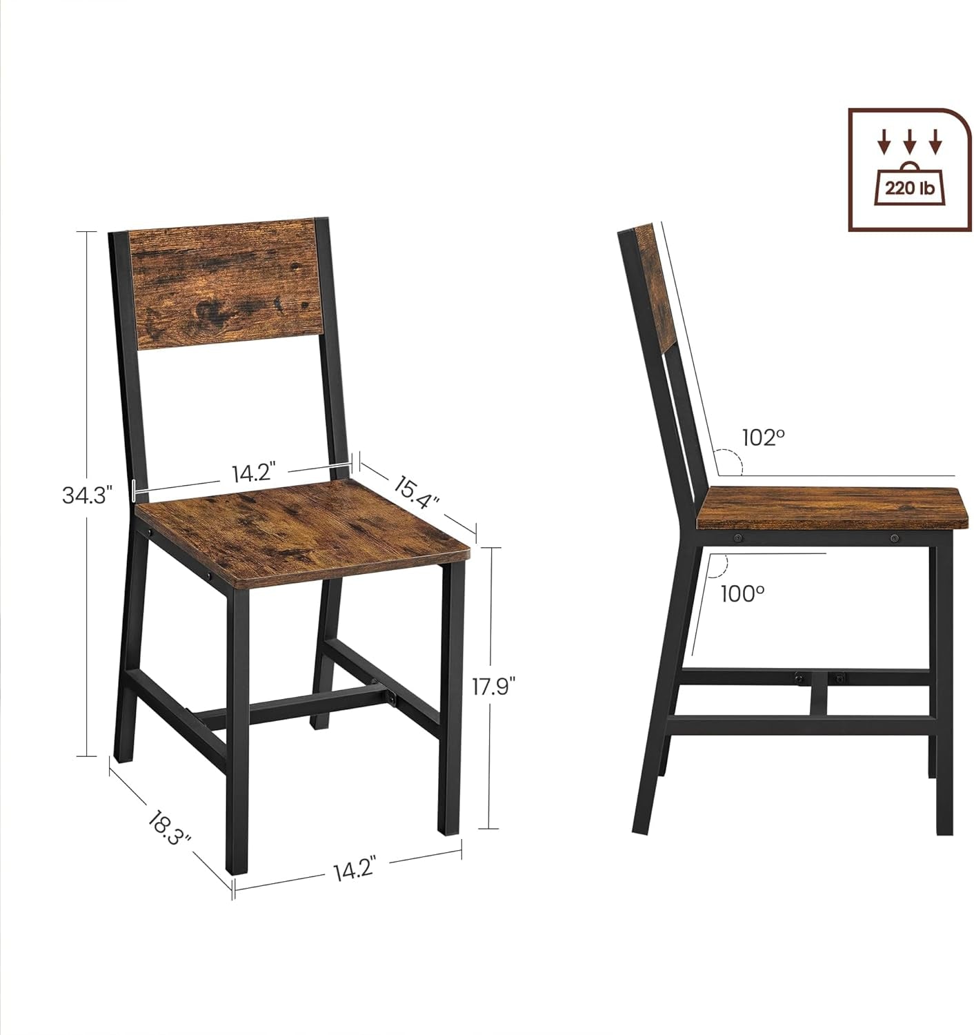 Dining Chair Set of 2, Rustic Wood Chairs with Metal Steel Frame, Easy to Assemble, Comfortable Seat, Modern Farmhouse Chair for Kitchen, Bedroom, Living Room, Charcoal Black and Ink Black