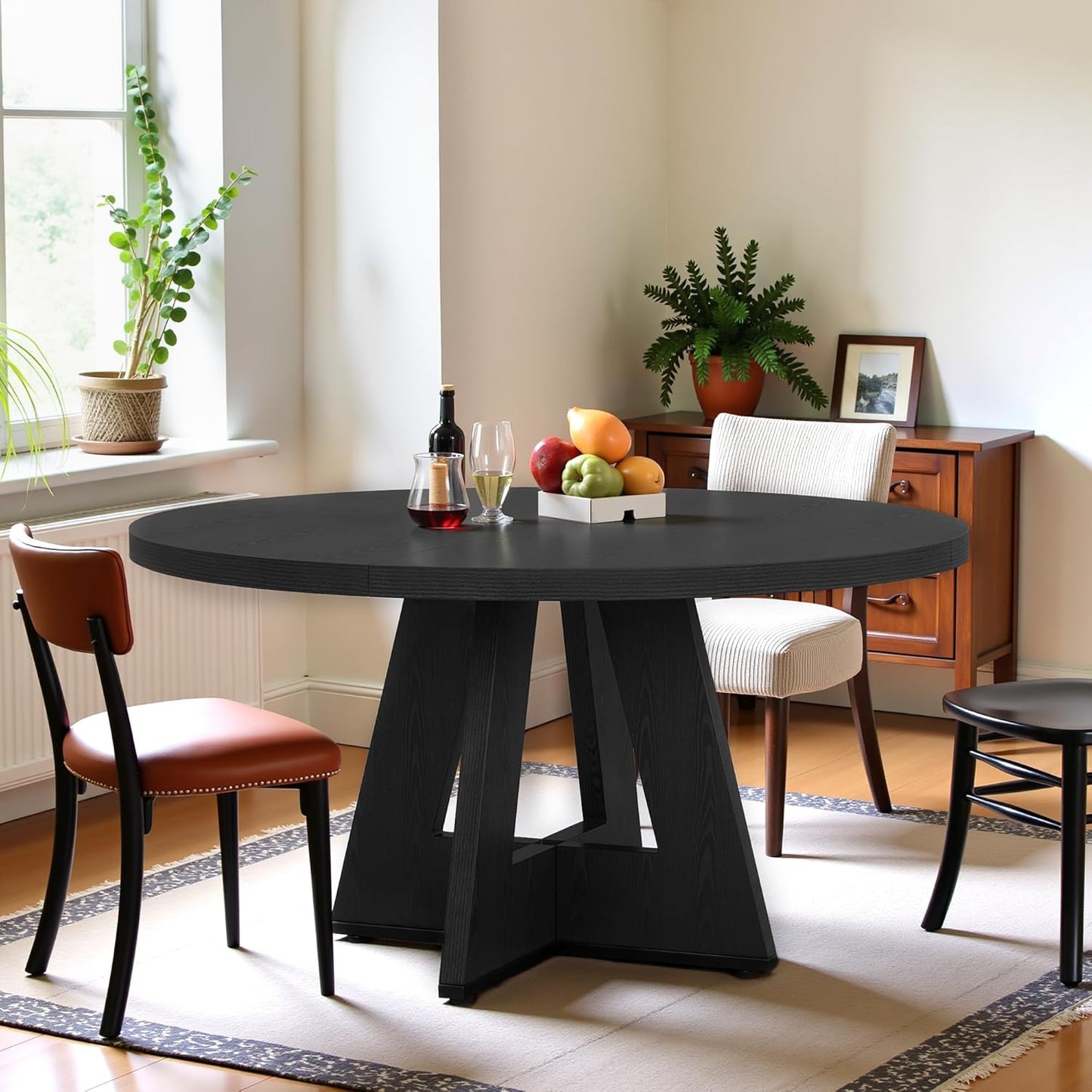 Round Dining Table for 4, 47 Inch Dinner Table Farmhouse Wooden Circle Kitchen Tables with Cross Base for Dining Room, Kitchen, Living Room, Black