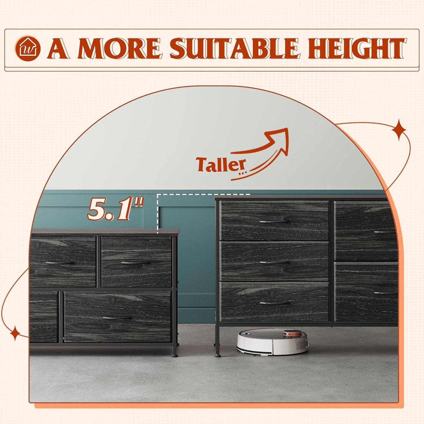 Dresser for Bedroom with 5 Drawers, Wide Dressers with Drawer Organizers, Chest of Drawers, Fabric Dresser for Living Room, Closet, Hallway, Charcoal Black Wood Grain Print