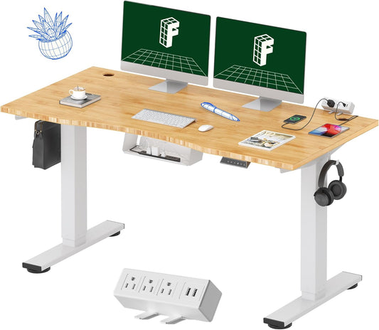EN2 Whole-Piece Bamboo Standing Desk Clamp Power Strip, 55 X 28 Electric Stand up Height Adjustable Desk with Cable Management (Grey Frame + 55" Bamboo Top, 2 Packages)