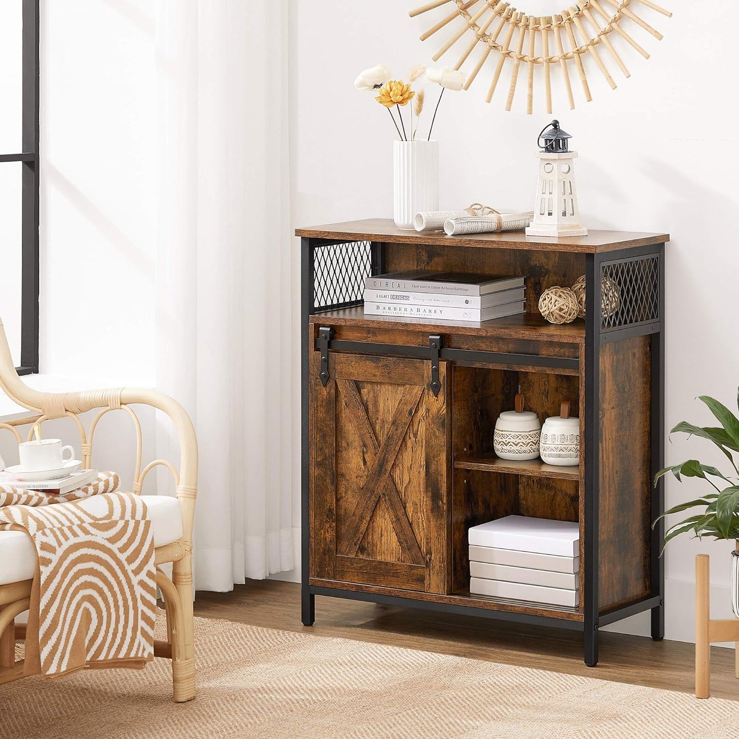 BOHOVEN Collection - Buffet Cabinets, Set of 2, Sideboard Storage Cabinets with Rattan-Like Doors and Drawers, Accent Cabinets, Adjustable Shelf, Boho Style, for Living Room, Ebony Black