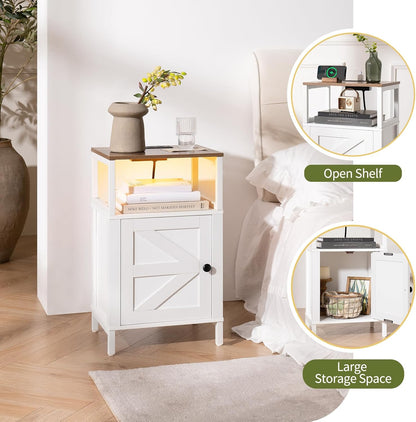 Farmhouse Nightstand with Charging Station, Wood Night Stand End with USB Ports, LED Bed Side Table with Storage Cabinet, Bedside Table for Bedroom, Living Room White
