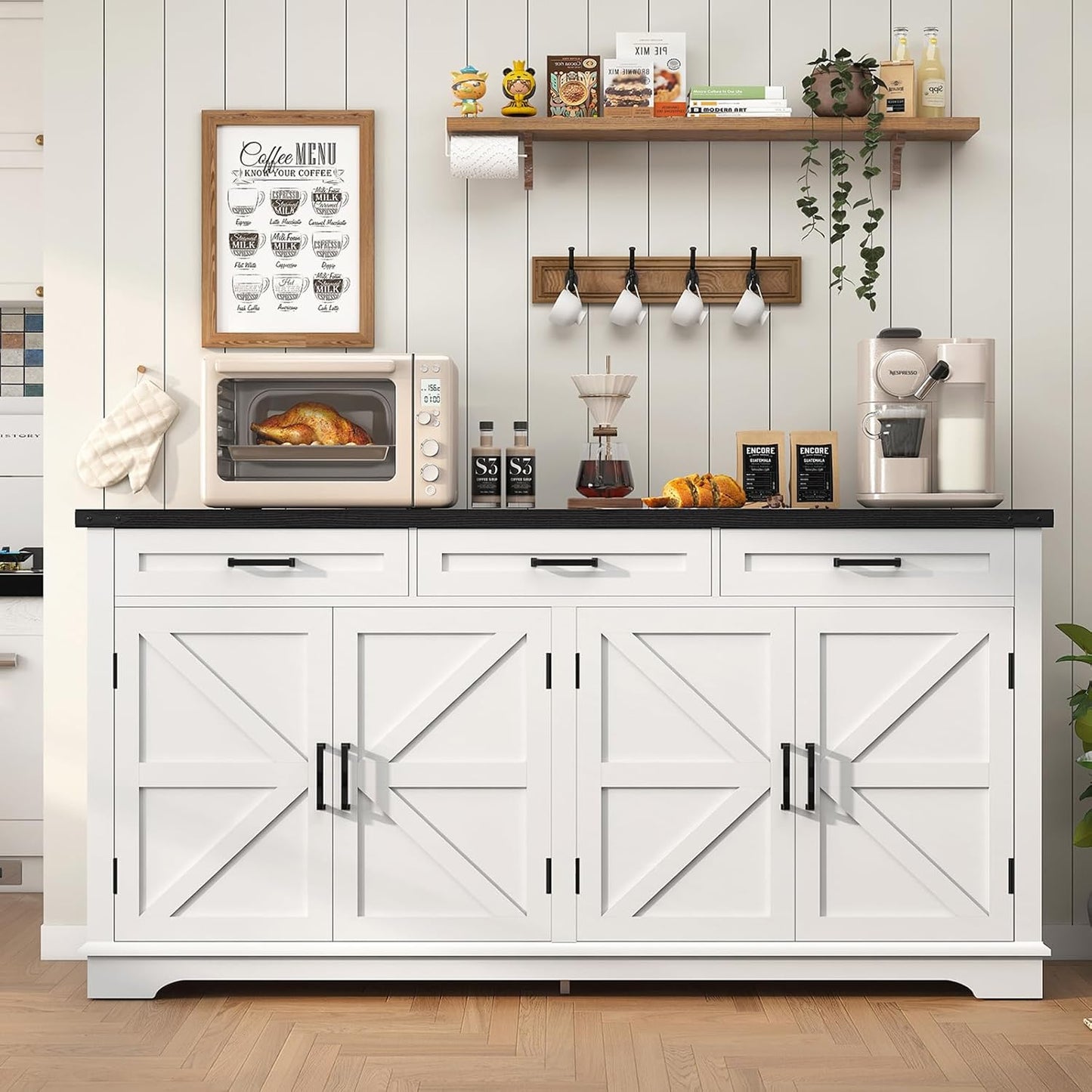 61” Large Sideboard Buffet Cabinet with 4 Doors and 3 Drawers, Farmhouse Buffet Table, Dining Room Storage Cabinet for Kitchen or Living Room, White