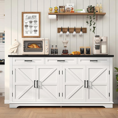 61” Large Sideboard Buffet Cabinet with 4 Doors and 3 Drawers, Farmhouse Buffet Table, Dining Room Storage Cabinet for Kitchen or Living Room, White