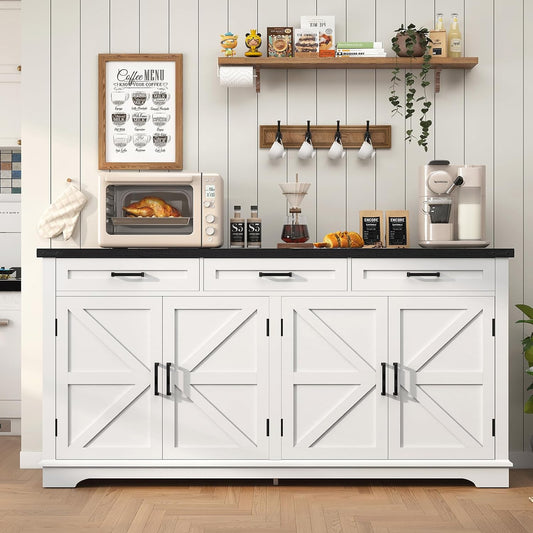 61” Large Sideboard Buffet Cabinet with 4 Doors and 3 Drawers, Farmhouse Buffet Table, Dining Room Storage Cabinet for Kitchen or Living Room, White