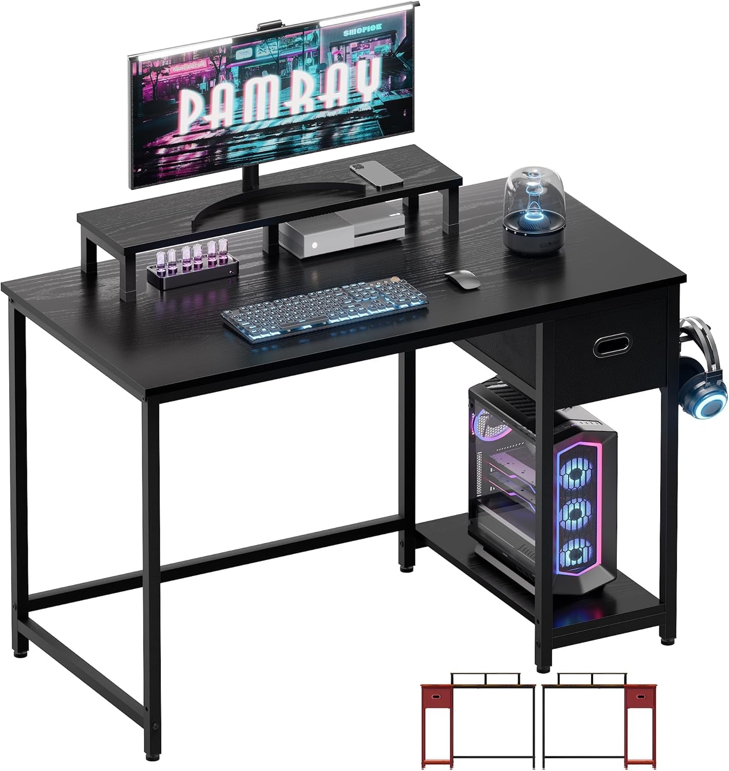 39 Inch Computer Desk with Monitor Stand Small Home Office Desks with Non-Woven Storage Drawer for Bedroom Study Table Writing and Work Desk Black