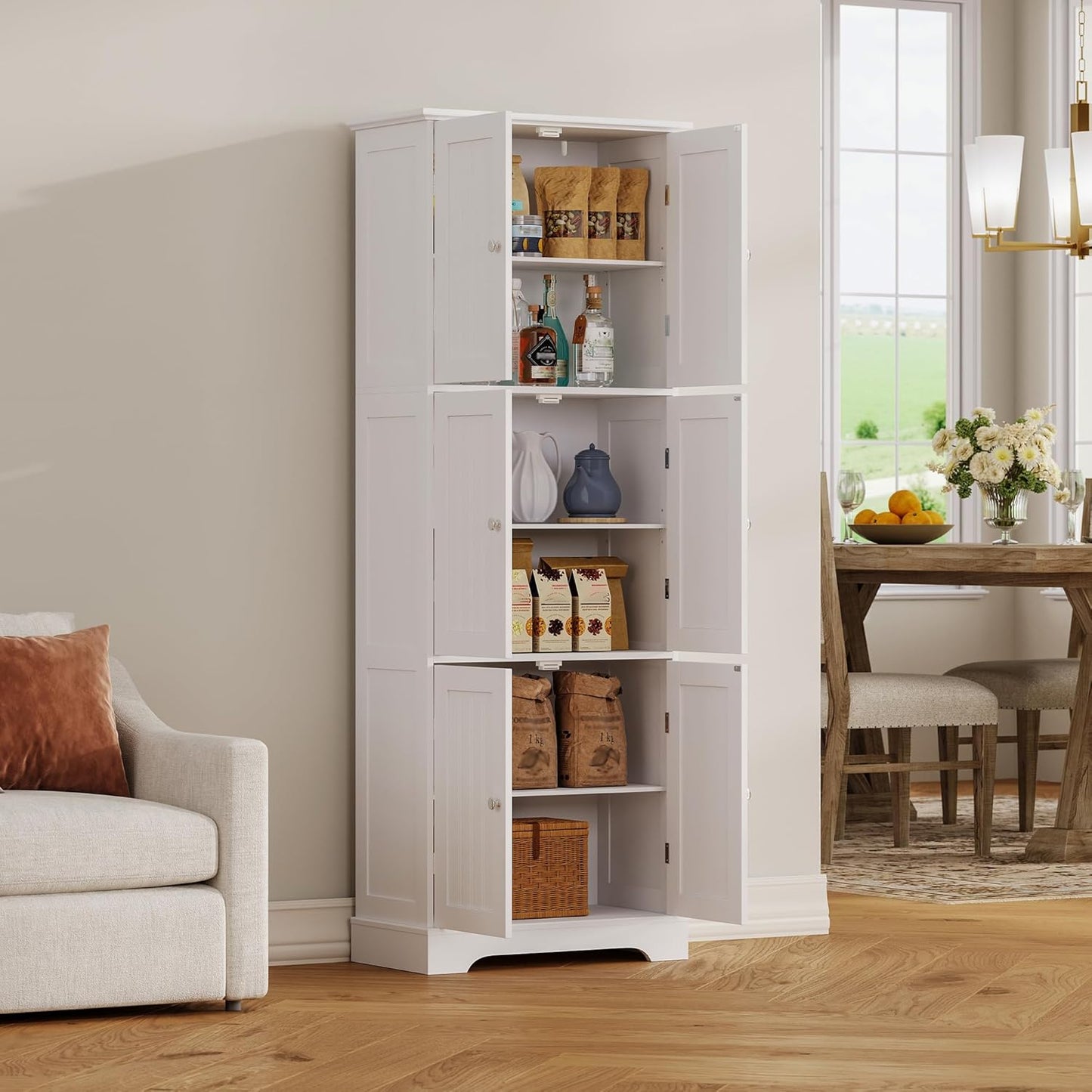 Tall Bathroom Storage Cabinet with 6 Doors, Freestanding Floor Cabinet with Adjustable Shelves, White Pantry Cabinet for Bathroom, Kitchen, Laundry Room