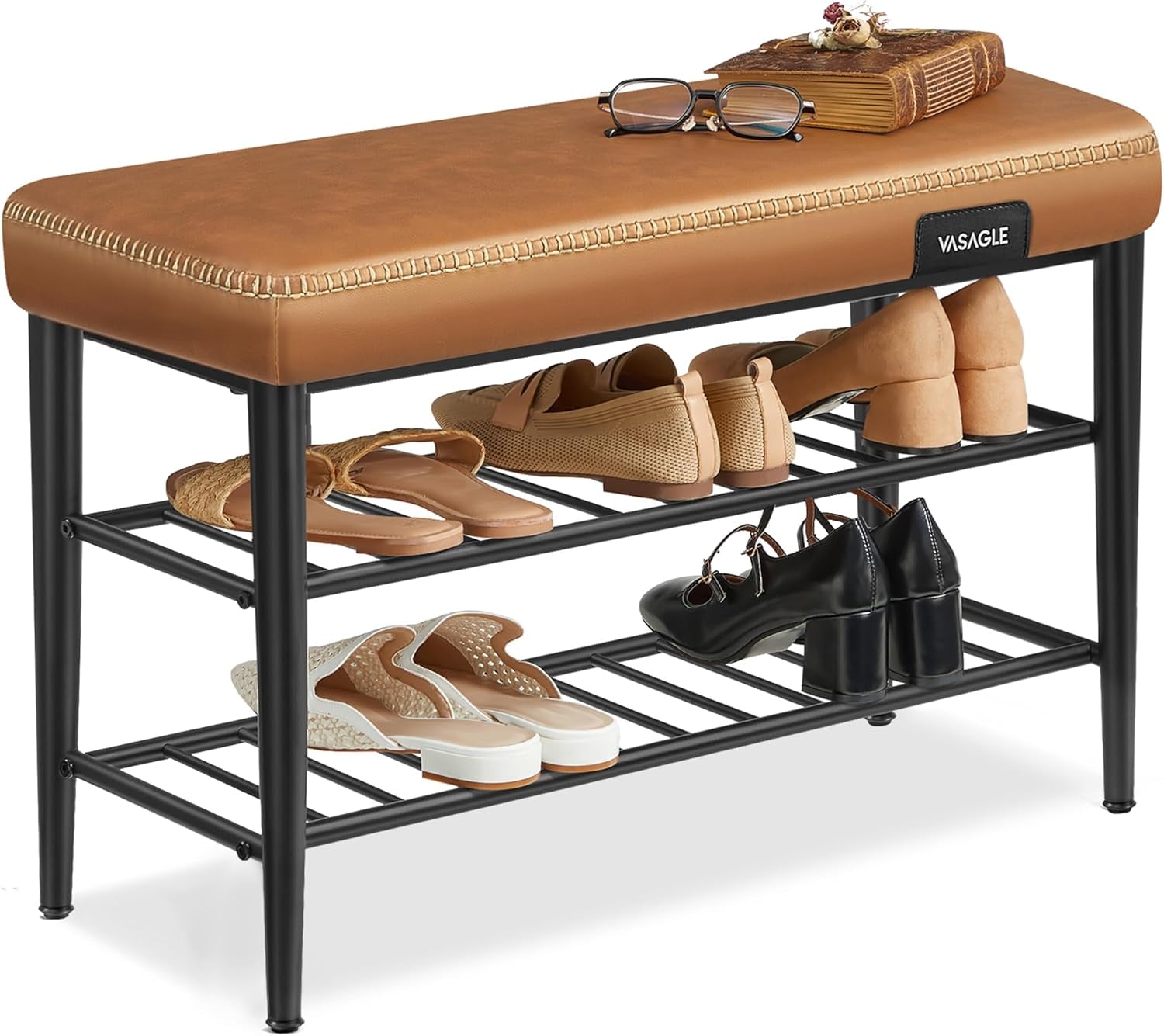 EKHO Collection - Shoe Rack Bench, Storage Bench for Entryway, Synthetic Leather with Stitching, Mid-Century Modern, Loads 300 Lb, 11.8 X 31.5 X 19.7 Inches, Caramel Brown ULSB054K01