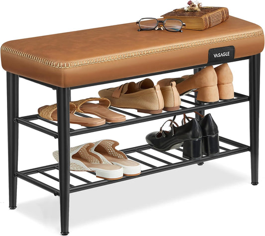 EKHO Collection - Shoe Rack Bench, Storage Bench for Entryway, Synthetic Leather with Stitching, Mid-Century Modern, Loads 300 Lb, 11.8 X 31.5 X 19.7 Inches, Caramel Brown ULSB054K01