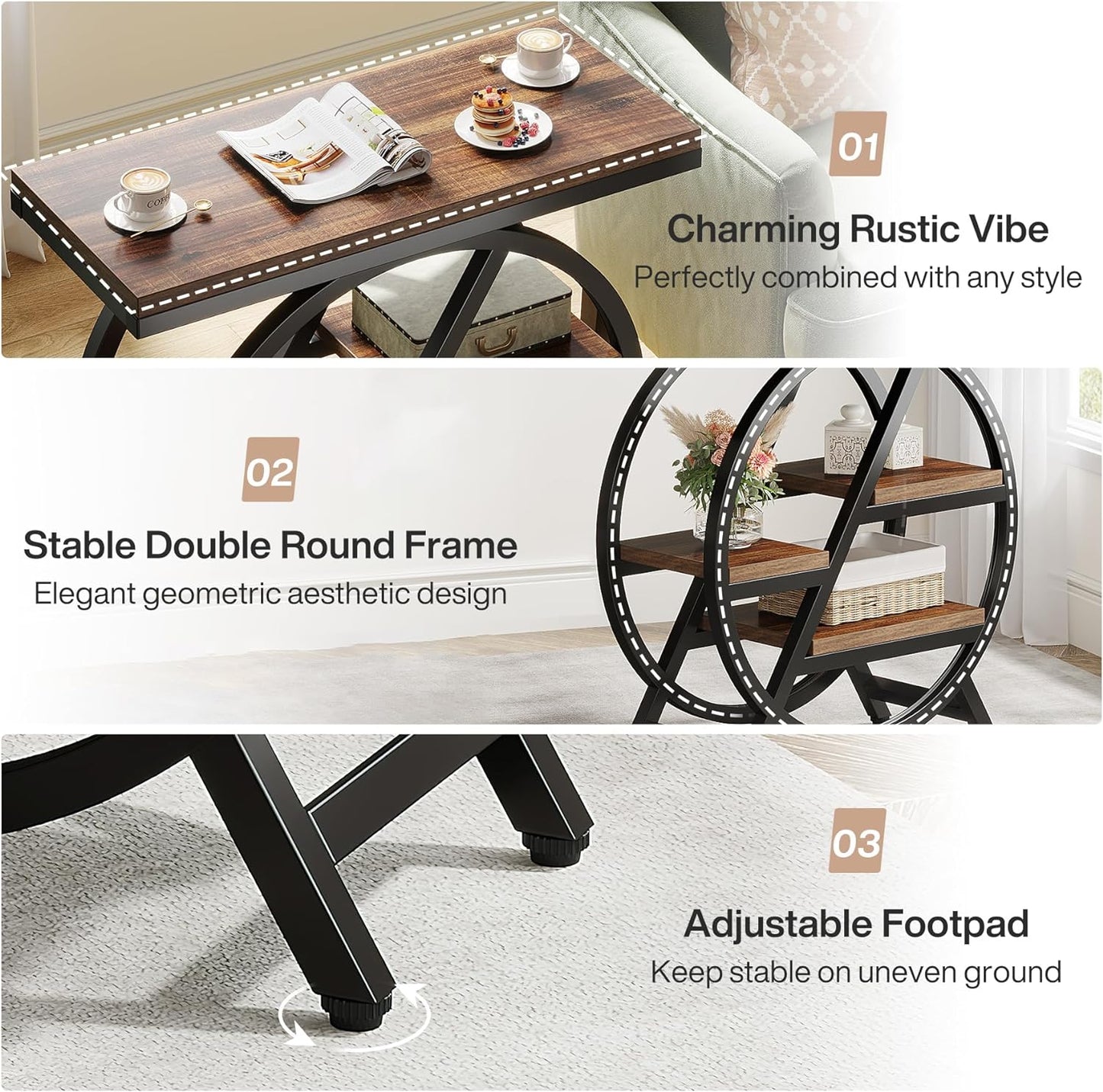 End Table for Living Room, 3-Tier Narrow Side Table with Storage, Wood Sofa Side Table with Geometric Metal Frame, Industrial Nightstand and Bedside Table for Bedroom
