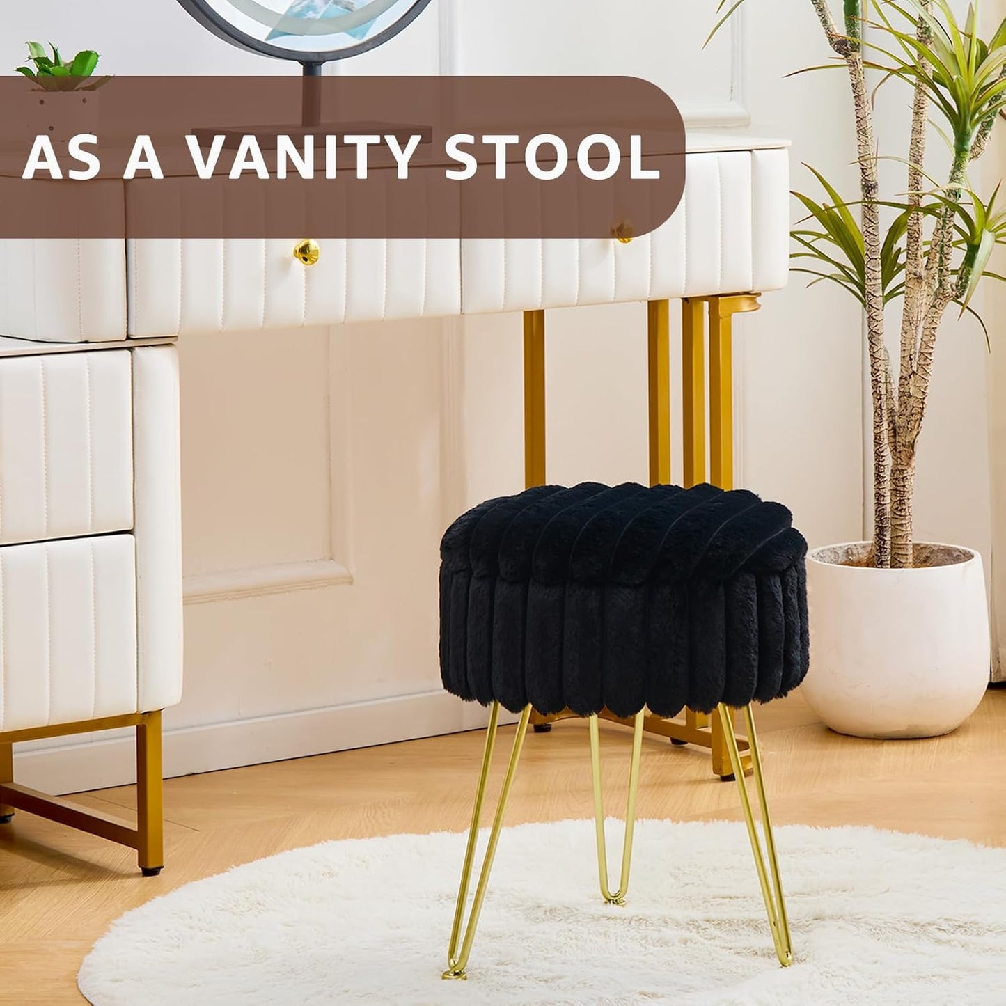 Vanity Stool with Storage, Faux Fur Ottoman Chair with Metal Legs, round Makeup Vanity Chair for Bedroom or Dressing Table, Modern Small Ottoman Seat (Black)