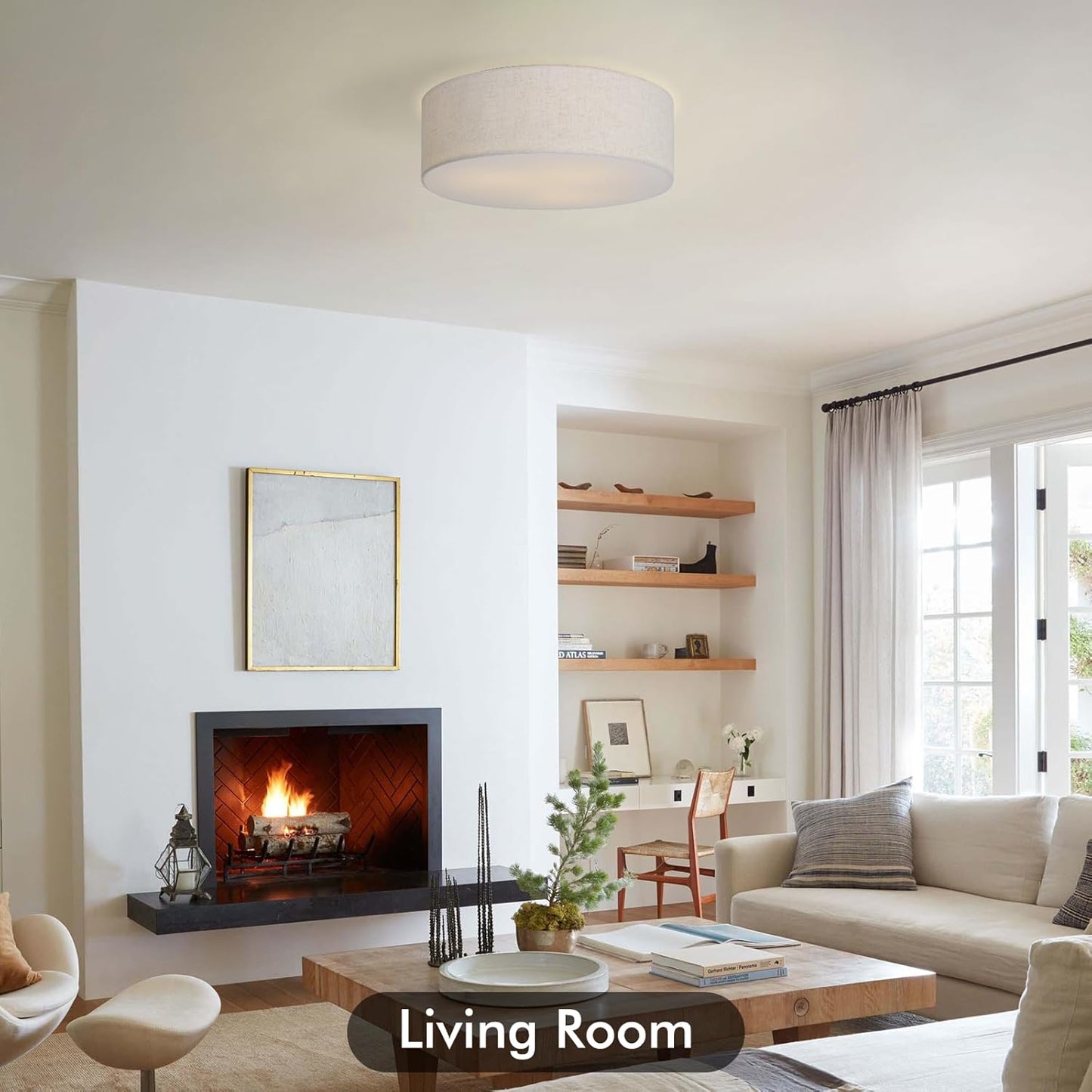 18-Inch Large Flush Mount Ceiling Light Fixture with Fabric Shade, Modern Drum Closed to Ceiling Lighting for Living Dining Room, Bedroom, Kitchen, Foyer - Farmhouse 3-Light Lamp & Chandelier