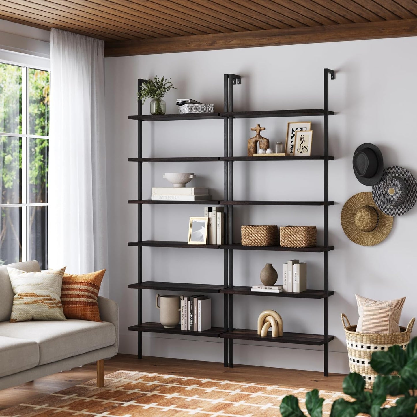 Theo 6-Shelf Tall Bookcase, Wall Mount Bookshelf with Natural Wood Finish and Industrial Metal Frame, Nutmeg/Matte Black, Set of 2