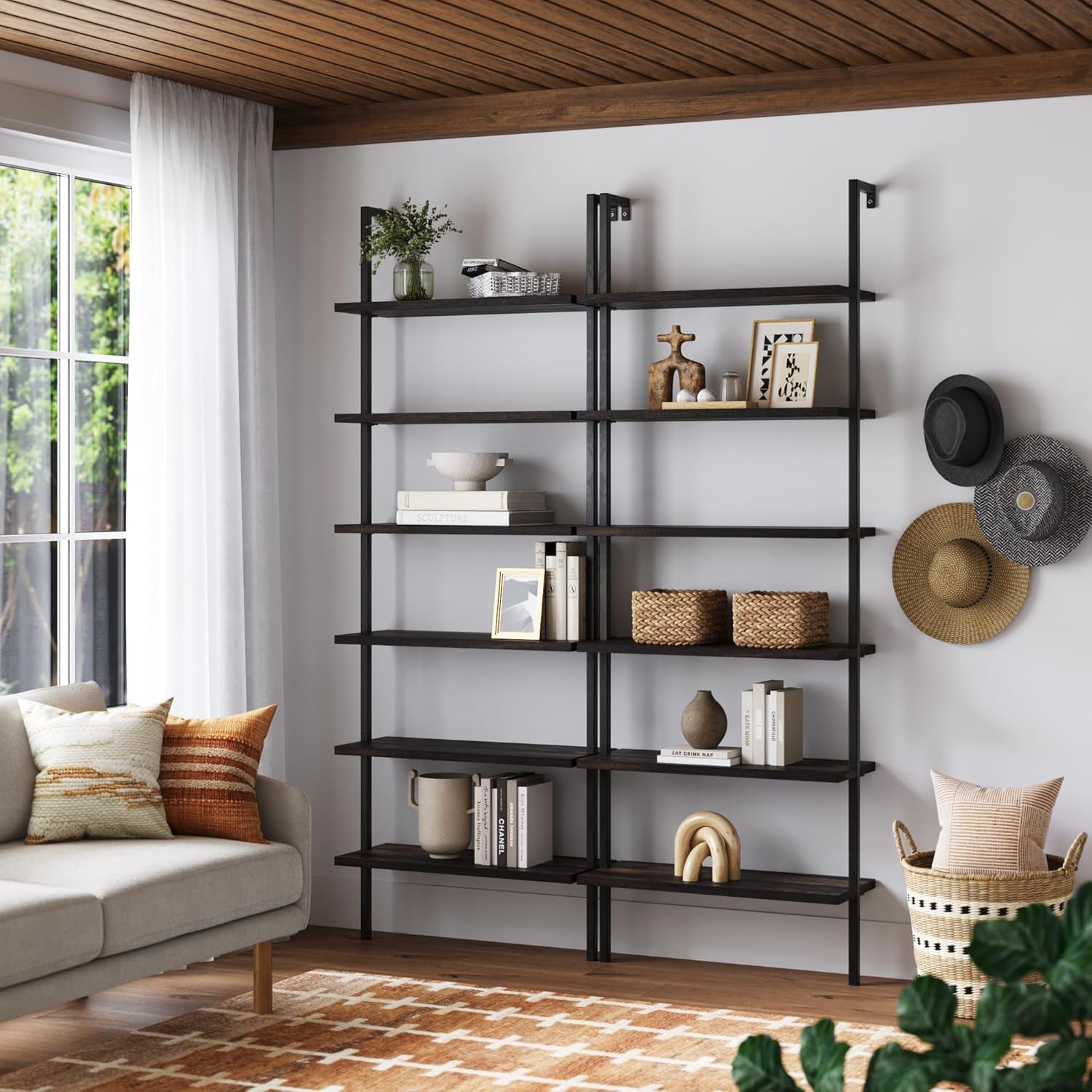 Theo 6-Shelf Tall Bookcase, Wall Mount Bookshelf with Natural Wood Finish and Industrial Metal Frame, Nutmeg/Matte Black, Set of 2