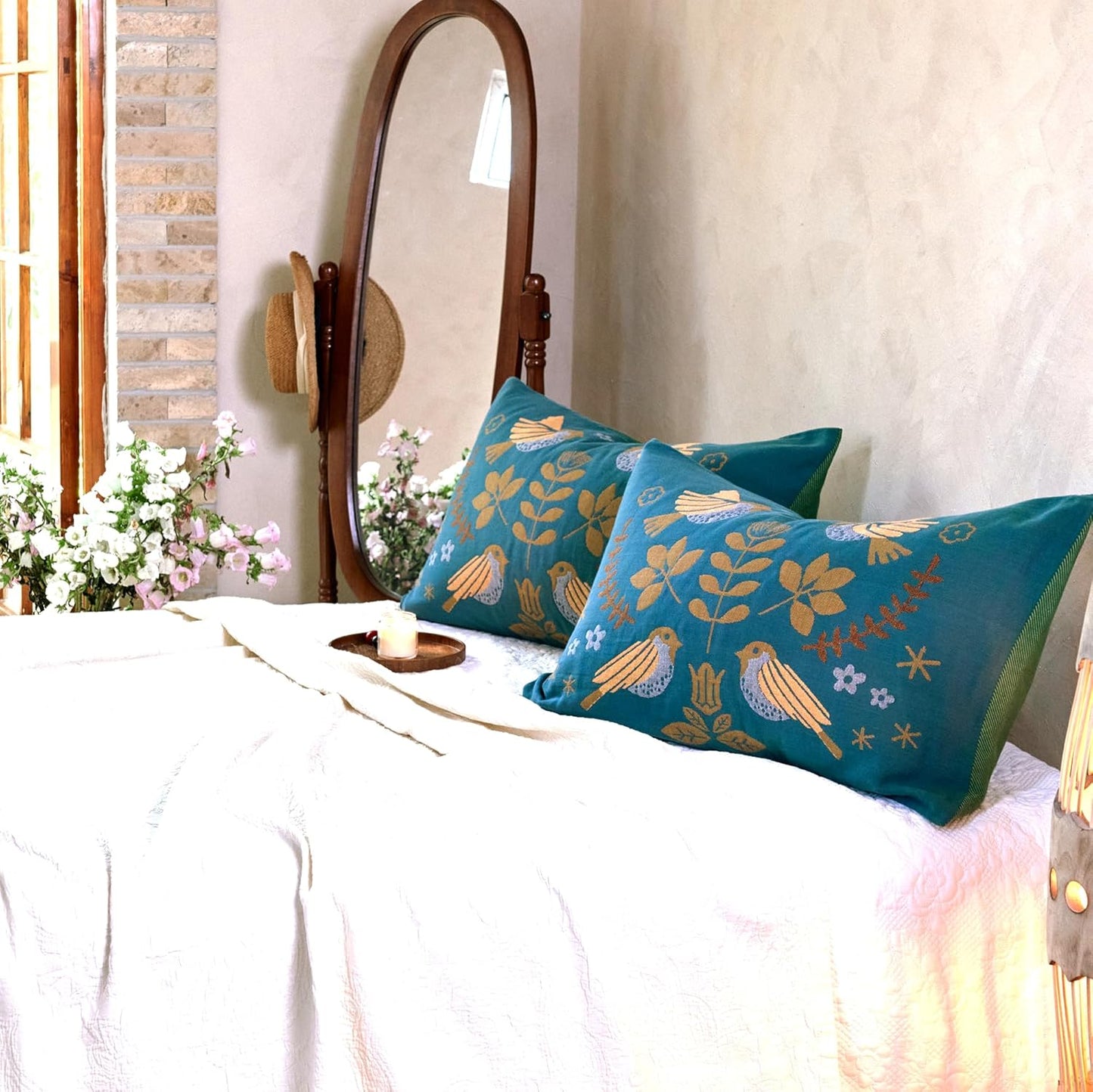 100% Organic Washed Cotton King Boho Pillowcases for Skin-Friendly Set of 2-1000 Thread Thick Count, Bird Pattern Pillow Shams Cover, Soft Breathable Pillow Cases,20X36 Inches-Teal