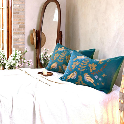 100% Organic Washed Cotton King Boho Pillowcases for Skin-Friendly Set of 2-1000 Thread Thick Count, Bird Pattern Pillow Shams Cover, Soft Breathable Pillow Cases,20X36 Inches-Teal