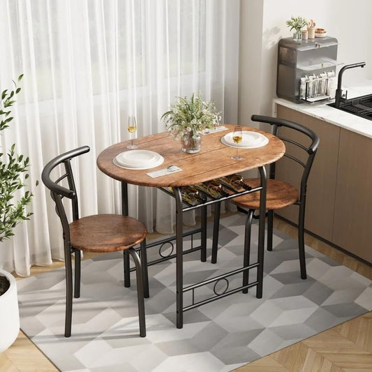3-Piece Wooden Dining Table Set, Kitchen Breakfast Nook Sets with 2 Chairs & round Tabletop, Space Saving Furniture Metal Frame and Built-In Wine Rack, Brown