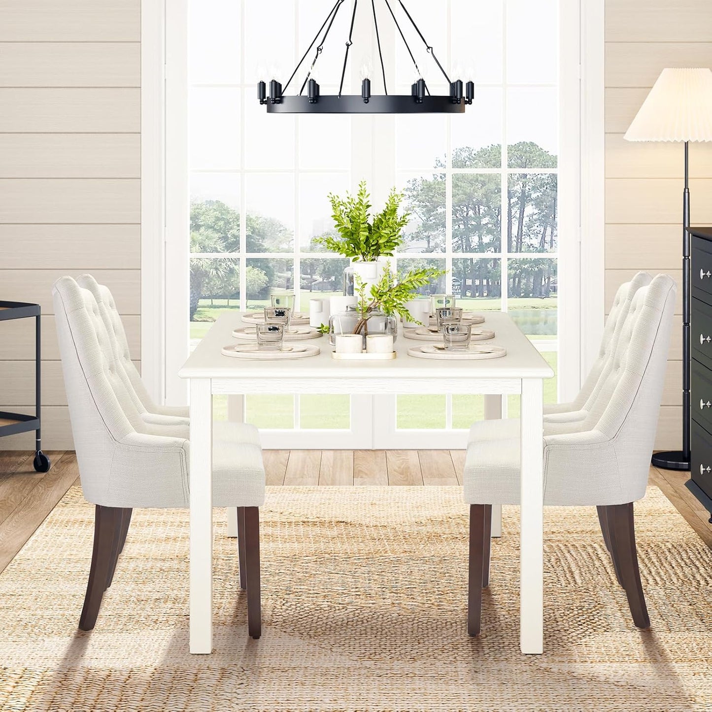 Wooden Dining Table for 6, Rectangle 60 Inch Kitchen Table with Wood Legs, Farmhouse Dinner Table for Dining Room, White