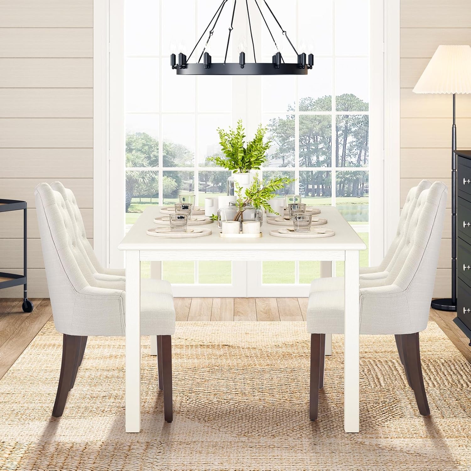 Wooden Dining Table for 6, Rectangle 60 Inch Kitchen Table with Wood Legs, Farmhouse Dinner Table for Dining Room, White