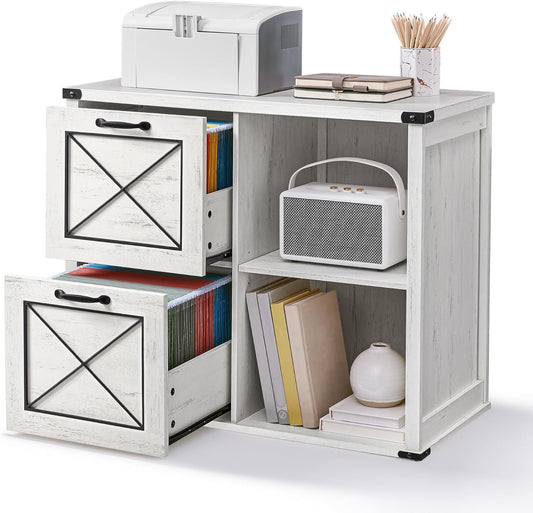 Lateral File Cabinet, Filing Cabinet with 2 Drawers, Printer Stand, 2 Open Compartments, Fit A4, Letter Size, Hanging File Folders, for Home Office, Farmhouse Style, Rustic White UOFC049T73