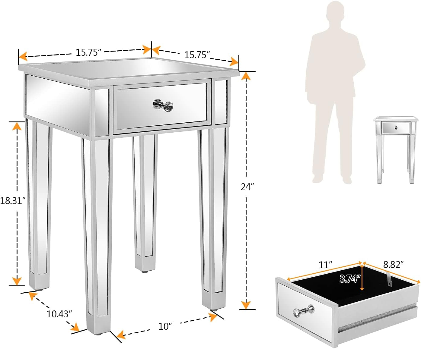 Mirrored End Table with Drawer Silver Modern Nightstand/Bedside/Accent Table for Small Space,Living Room,Bedroom,15.7" L X 15.7" W X 24" H,Mirror