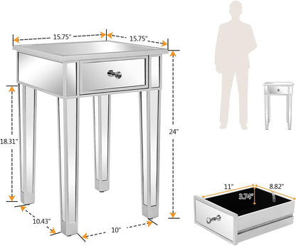 Mirrored End Table with Drawer Silver Modern Nightstand/Bedside/Accent Table for Small Space,Living Room,Bedroom,15.7" L X 15.7" W X 24" H,Mirror