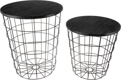 End Tables Set of 2 - Nesting Tables with Removable Wood Tops and Metal Basket Bases for Blanket Storage - round Side Pieces for Living Room, Bedroom, or Home Office by  (Black)
