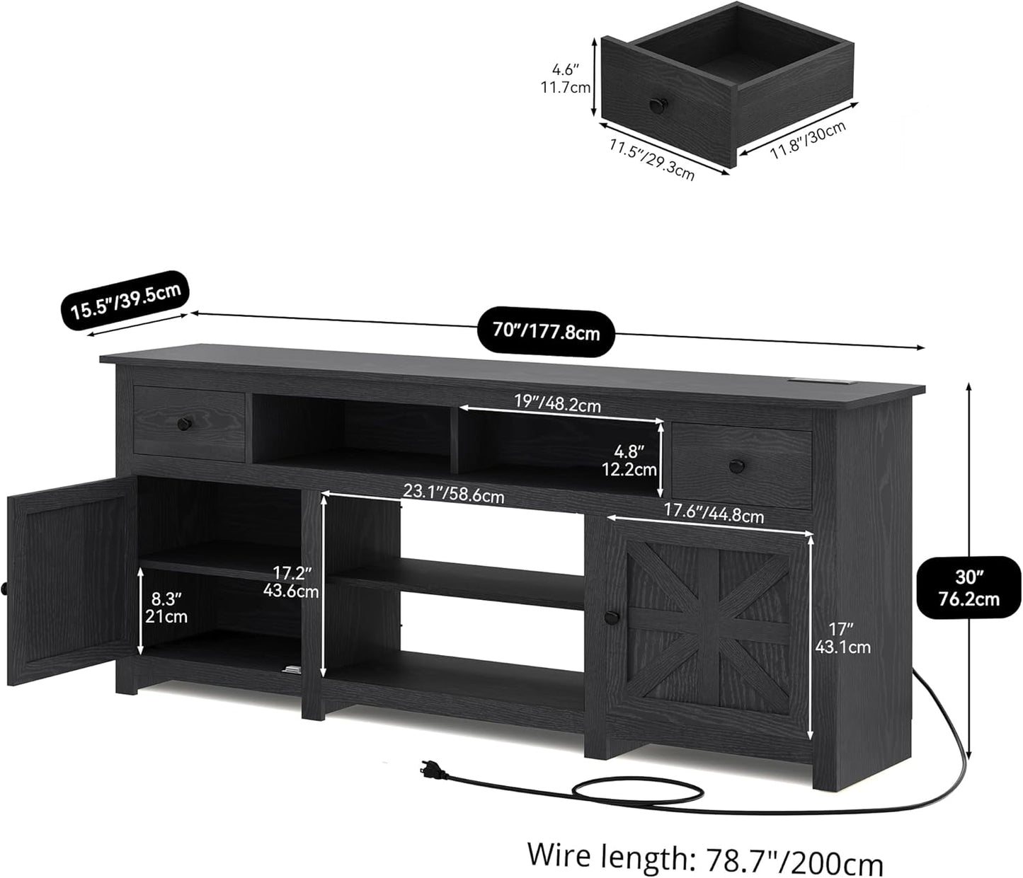 TV Stand for 75/80 Inch TV, Entertainment Center, TV Cabinet with Drawers and Power Outlet, Black TV Console for Living Room Furniture (70 Inch Lenght 30 Inch High)